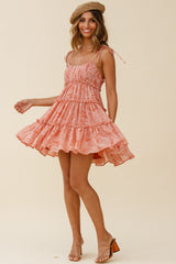 Rumi String Tie Babydoll Dress Leaf Print Pink