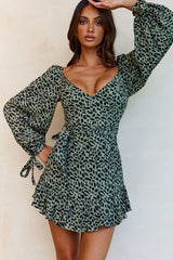 Make Memories Balloon Sleeve Molded Bust Dress Animal Print Olive