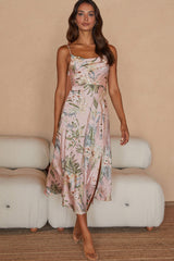 Suki Front Split Midi Dress Tropical Floral Print Pink