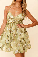 Yellowstone Frill Trim Strappy Back Sun Dress Floral Print Green