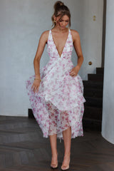 Floating By Plunging Neckline Midi Dress Floral Pink