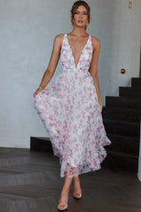 Floating By Plunging Neckline Midi Dress Floral Pink