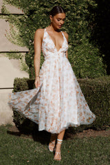 Floating By Plunging Neckline Midi Dress Floral Tangerine