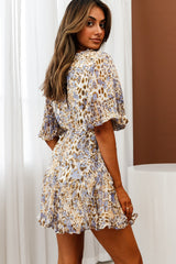 Lottie Accordion Pleat Detail Angel Sleeve Dress Leopard Print Blue