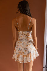 Good Vibes V-Neckline Frill Hem Dress Floral Beige