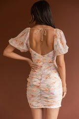 Good Vibes Puff Sleeve Deep V-Neckline Mini Dress Floral Print Orange