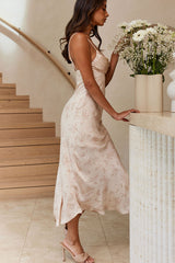 Well Versed Pleated Bust Front Split Dress Spring Print Champagne