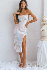 Well Versed Pleated Bust Front Split Dress Watercolor Pink