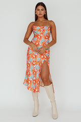 Well Versed Pleated Bust Front Split Dress Flowers Orange