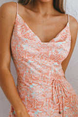 Sweet Memories Cowl Neckline Slip Dress Vintage Floral Print Peach
