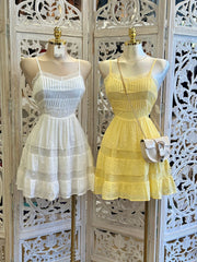 Tiered Yellow Lace Mini Dress- Slightly Stretchy,Estira Poco
