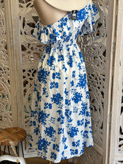 One Sleeve Ruffle Blue Floral Midi Dress-Estira, Stretchy