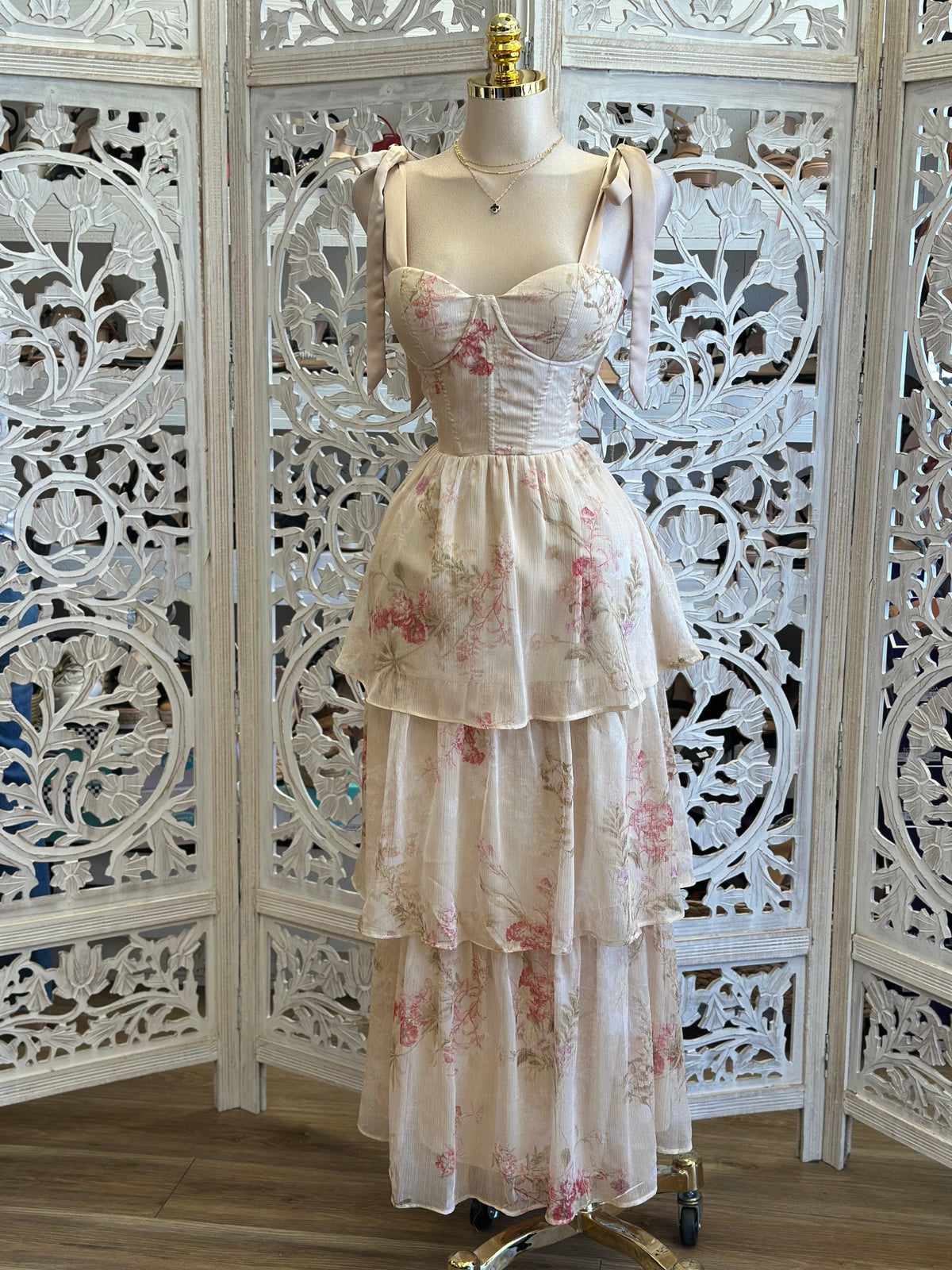 Ruffle Floral Bow Sleeve Dress- No Estira, Not Stretchy