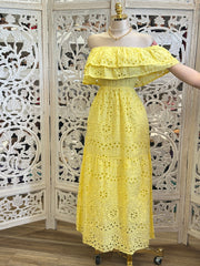Sunny Yellow Eyelet Maxi Dress - Estira, Stretchy