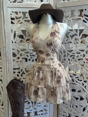 Brown Smocked Halter Mini Dress- Stretchy, Estira