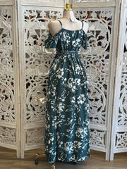 Deep Green Floral Maxi Dress- Stretchy, Estira