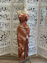 Brown Palm Leaves Dress- Estira, Stretchy