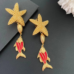 Vintage Fish Pendant Star Fish Clip Earrings
