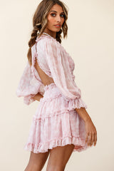 Laney Cutout Back Ruffle Trim Dress Leaves Print Pink