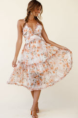 Laney Low Back Cami Strap Midi Dress Hibiscus Print Nude
