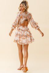Laney Cutout Back Frill Trim Dress Hibiscus Print Nude