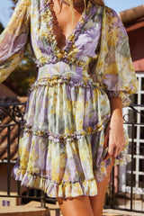 Laney Cutout Back Ruffle Trim Dress Watercolor Floral Print Yellow