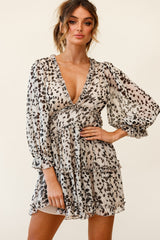 Laney Cutout Back Balloon Sleeve Dress Leaf Print Beige