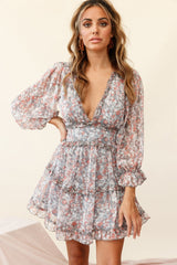 Laney Cutout Back Ruffle Trim Dress Floral Print Grey/Orange