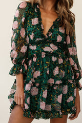 Laney Cutout Back Ruffle Trim Dress Floral Print Green