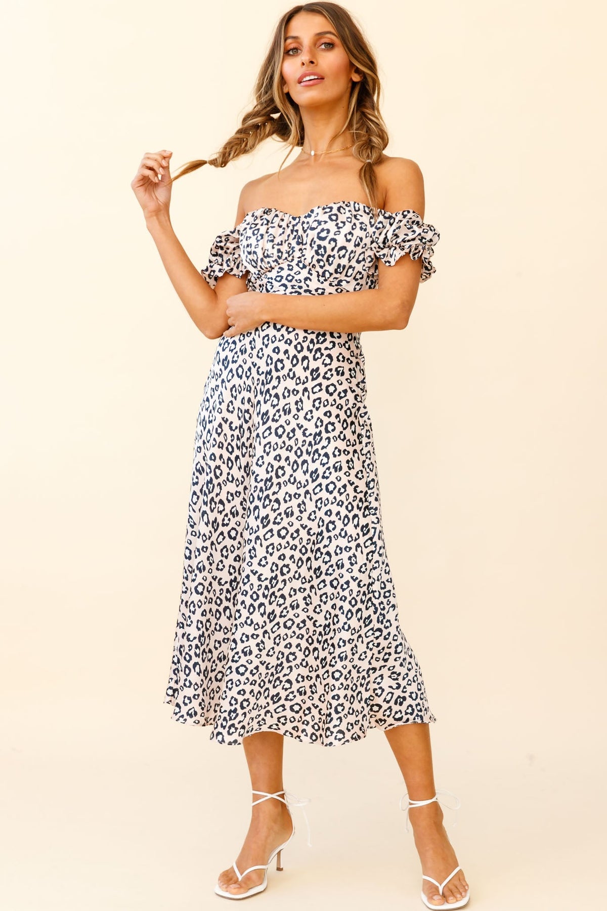 Linka Off-Shoulder Tie Back Midi Dress Leopard Print Pink