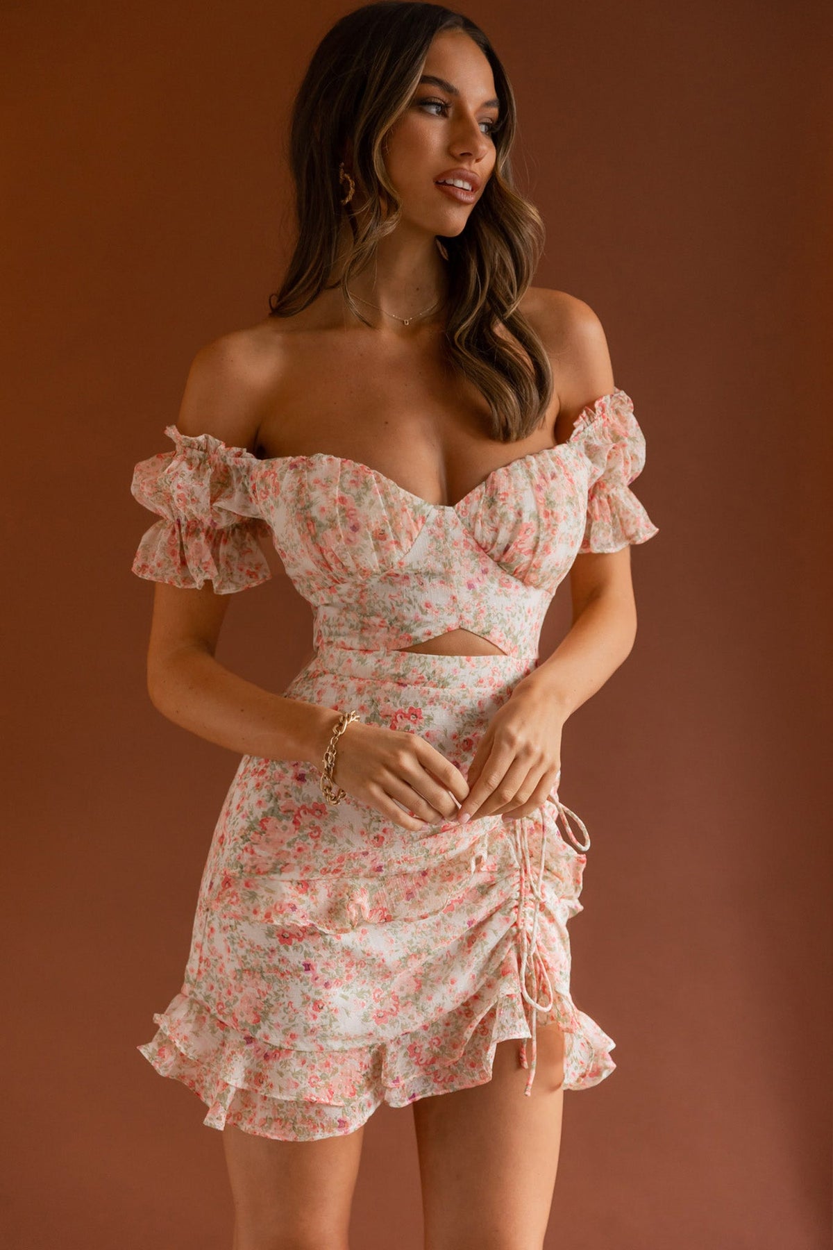Linka Drawstring Detail Frill Dress Floral Blush