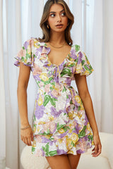 Kalina Ruffle Neckline Flutter Sleeve Mini Dress Floral Print Purple