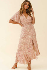 Friday Surplice Neckline Front Split Maxi Dress Floral Print Beige
