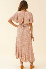 Friday Surplice Neckline Front Split Maxi Dress Floral Print Beige
