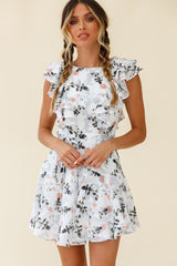 Wilton Ruffle Shoulder A-Line Dress Floral Print White