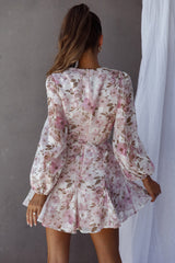 Estelle Long Sleeve V-Neckline Dress Watercolor Floral Print Rose