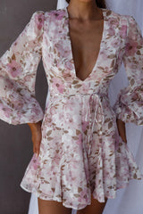 Estelle Long Sleeve V-Neckline Dress Watercolor Floral Print Rose