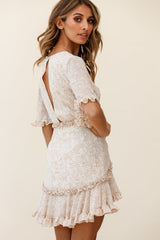 Leona Half Sleeve Frill Trim Dress Floral Print Beige