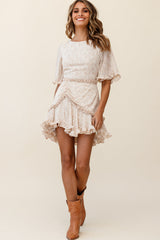 Leona Half Sleeve Frill Trim Dress Floral Print Beige