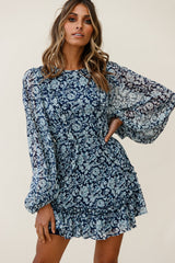 Mirabelle Long Balloon Sleeve Ruffle Hem Dress Floral Print Navy