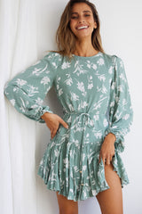 Rosabel Balloon Sleeve Fluted Hem Dress Botanic Print Sage