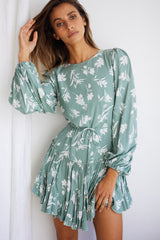 Rosabel Balloon Sleeve Fluted Hem Dress Botanic Print Sage