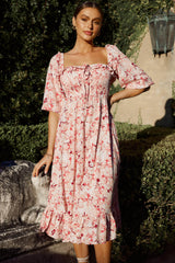 Flynn Balloon Sleeve Shirred Midi Dress Floral Pink