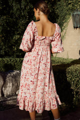 Flynn Balloon Sleeve Shirred Midi Dress Floral Pink