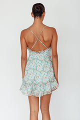 Match Maker Criss-Cross Back Frill Trim Dress Floral Print Blue Multi
