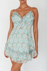 Match Maker Criss-Cross Back Frill Trim Dress Floral Print Blue Multi