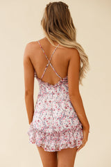 Match Maker Criss-Cross Back Frill Trim Dress Floral Print Pink Multi
