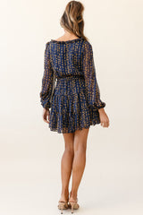 Floating On Clouds Long Sleeve Frill Trim Dress Floral Print Navy