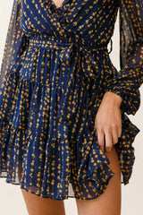 Floating On Clouds Long Sleeve Frill Trim Dress Floral Print Navy