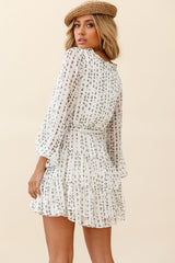 Floating On Clouds Long Sleeve Frill Trim Dress Floral Print White
